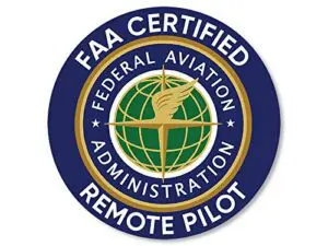 A round sticker with the words faa certified remote pilot in it.