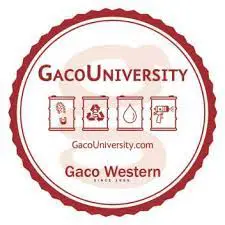 A red and white sticker with the words gaco university.