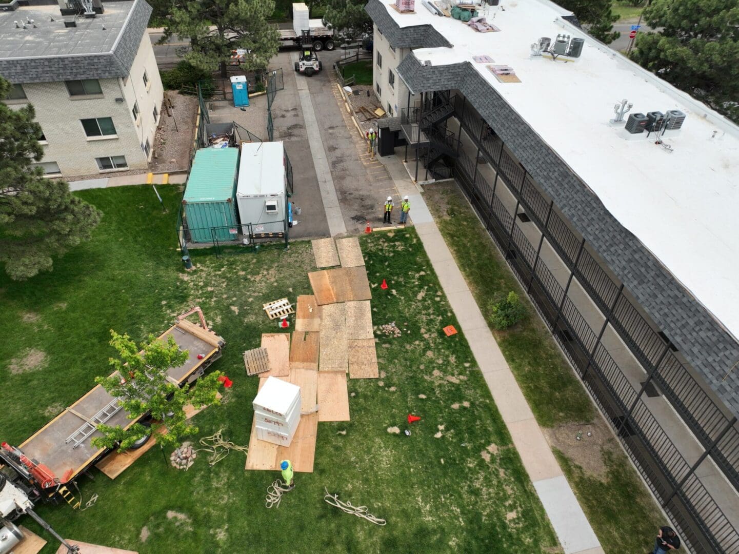 aerial view of wood pallets on lawn